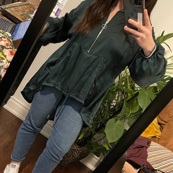 Zara Emerald Green Silk Embroidered Blouse Shirt 3/4 Zip, Small - Picture 14 of 16